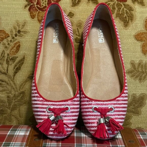 Sperry Top-Sider Bliss Berry & White Striped Sequin Flats Shoes Women SIZE 6.5 - Picture 2 of 14